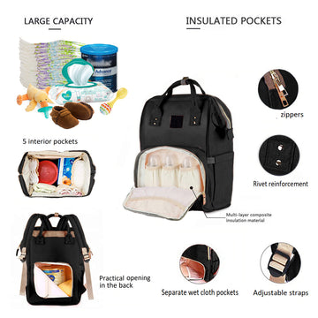 Personalized Large Diaper Bag Knapsack set -Black Cosmetic Purse Included